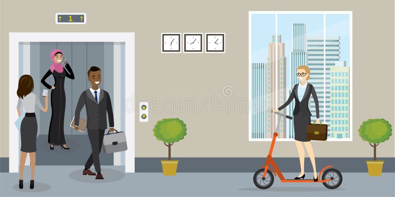 Hallway with people in office building,open elevator,interior with furniture stock illustration